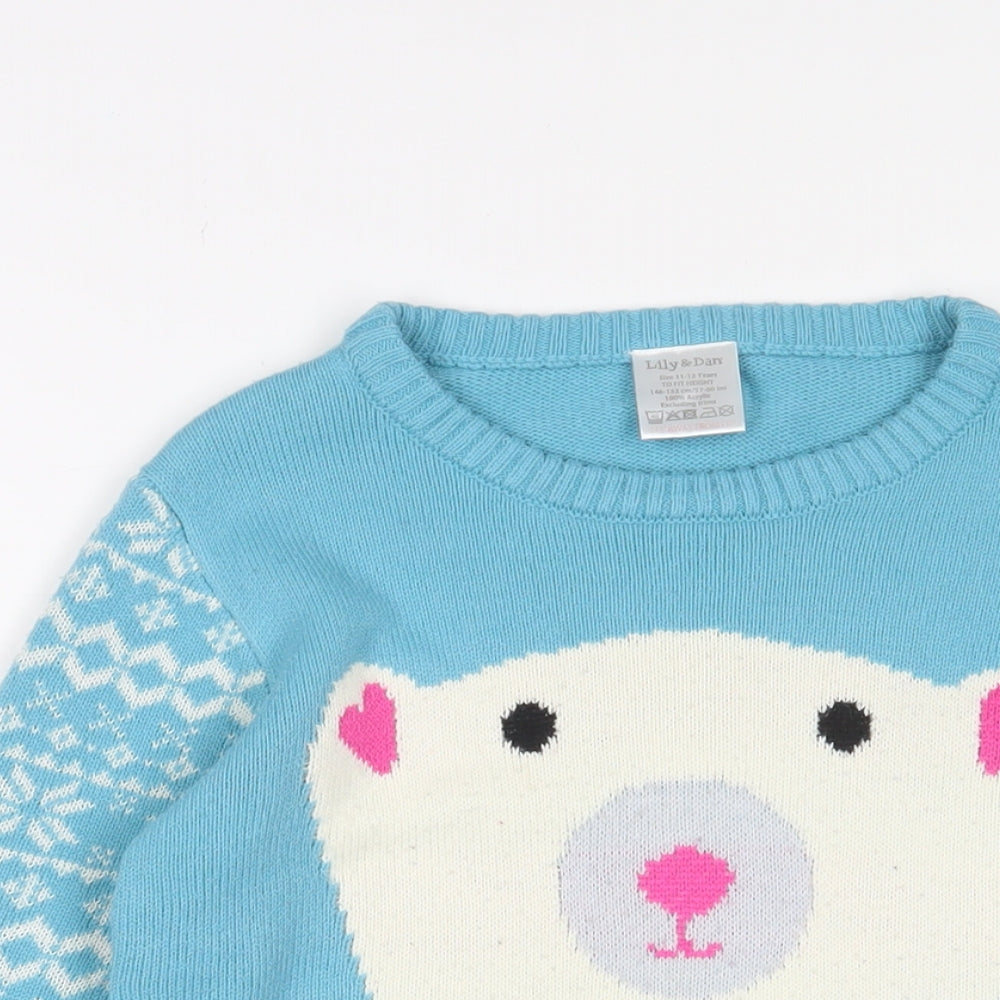 Lily&Dan Girls Blue Crew Neck Geometric Acrylic Pullover Jumper Size 11-12 Years Pullover - Polar bear