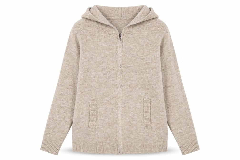 Front view of Cool Code women’s beige crew neck acrylic cardigan jumper, size UK 10