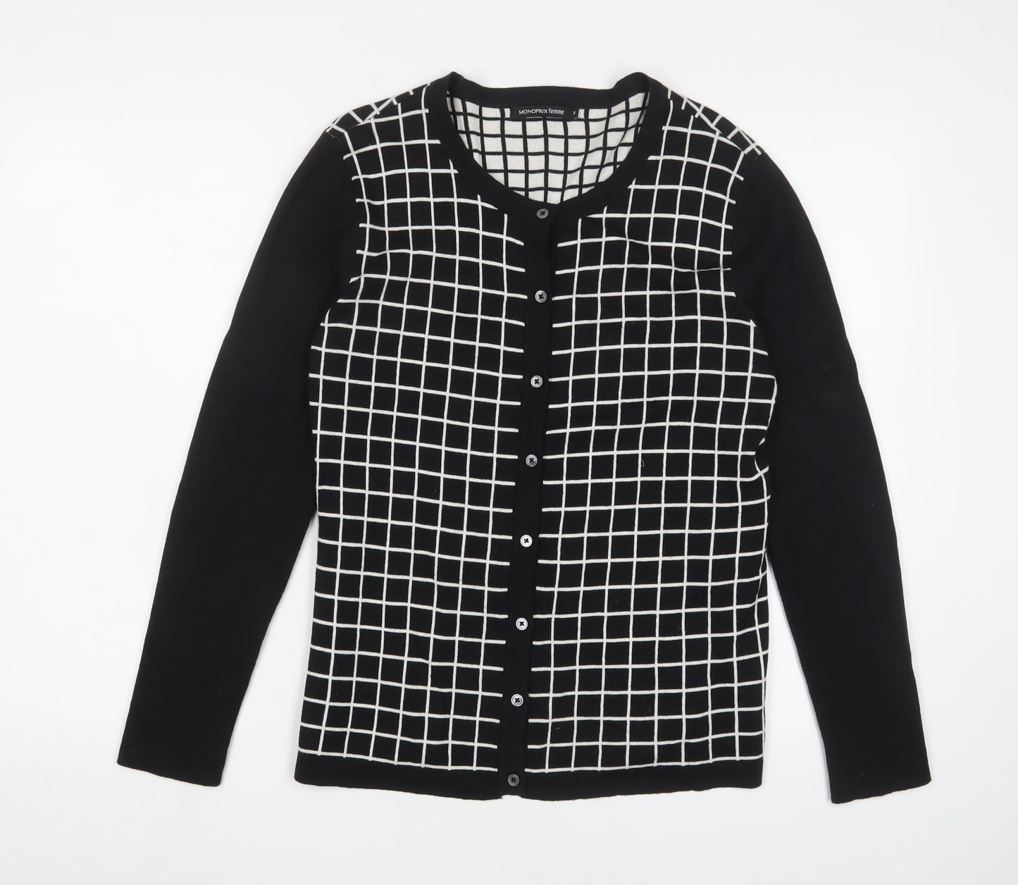 Monoprix Womens Black Crew Neck Plaid Cotton Cardigan Jumper Size L