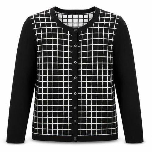 Monoprix Womens Black Crew Neck Plaid Cotton Cardigan Jumper Size L