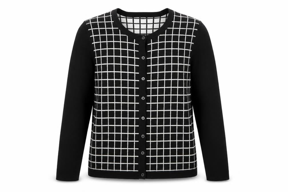 Monoprix Womens Black Crew Neck Plaid Cotton Cardigan Jumper Size L