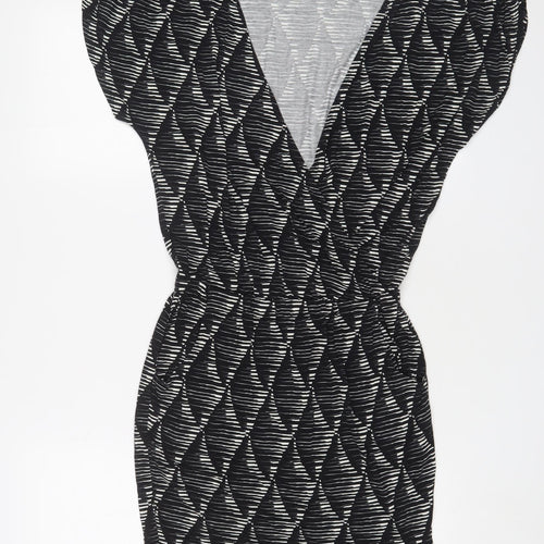 Warehouse Womens Black Geometric Viscose A-Line Size 10 V-Neck Pullover
