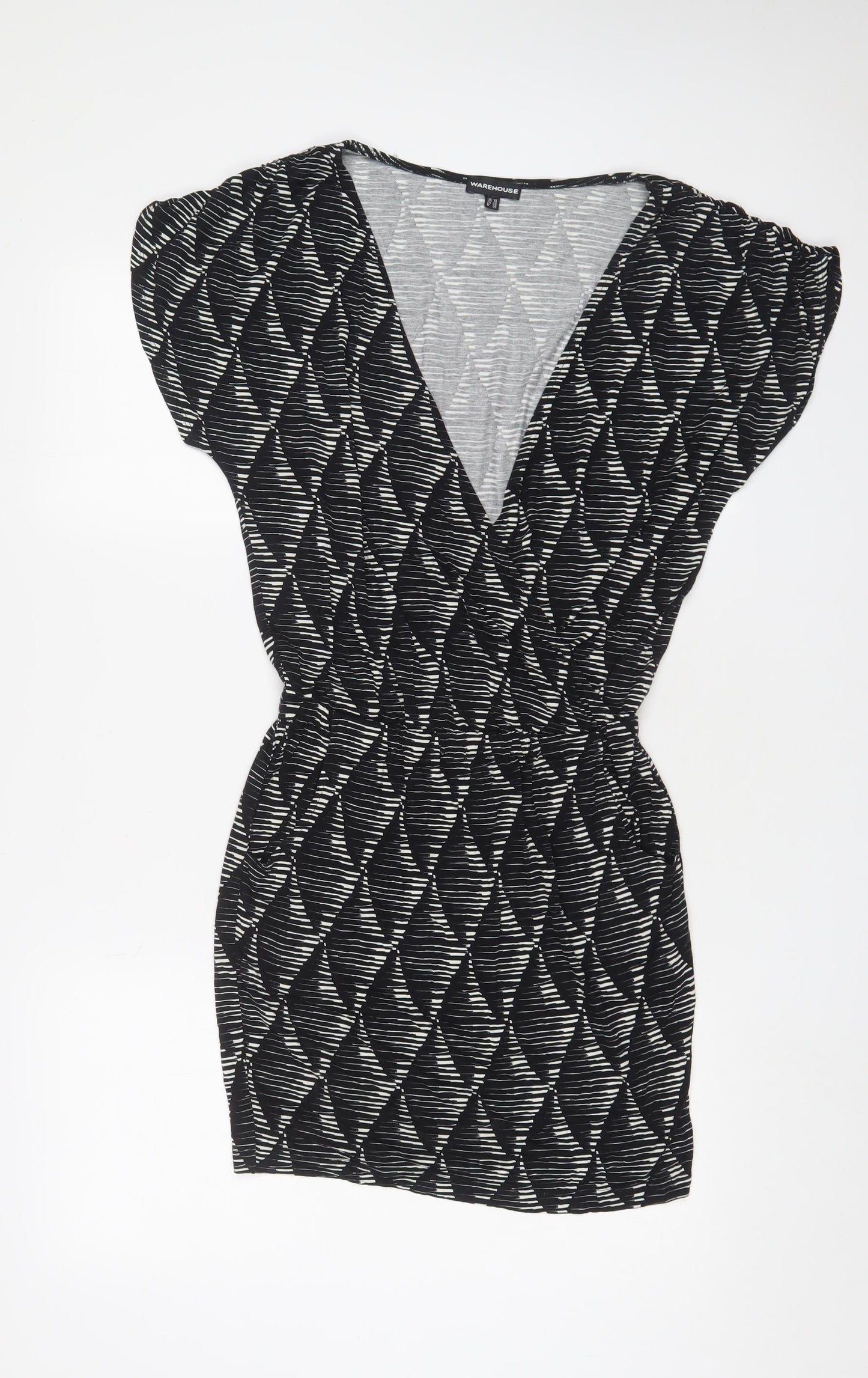 Warehouse Womens Black Geometric Viscose A-Line Size 10 V-Neck Pullover