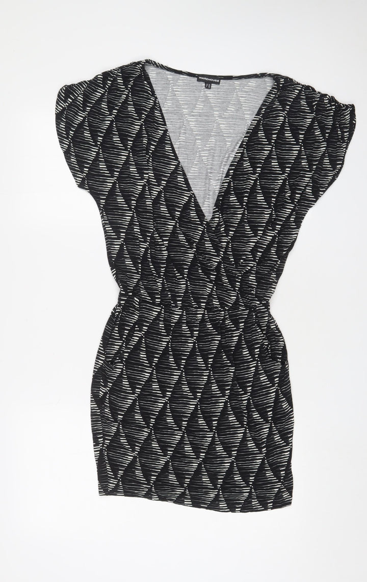 Warehouse Womens Black Geometric Viscose A-Line Size 10 V-Neck Pullover