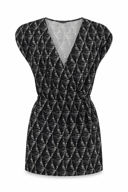 Front view of Warehouse women’s black geometric viscose a-line, size UK 10, v-neck pullover