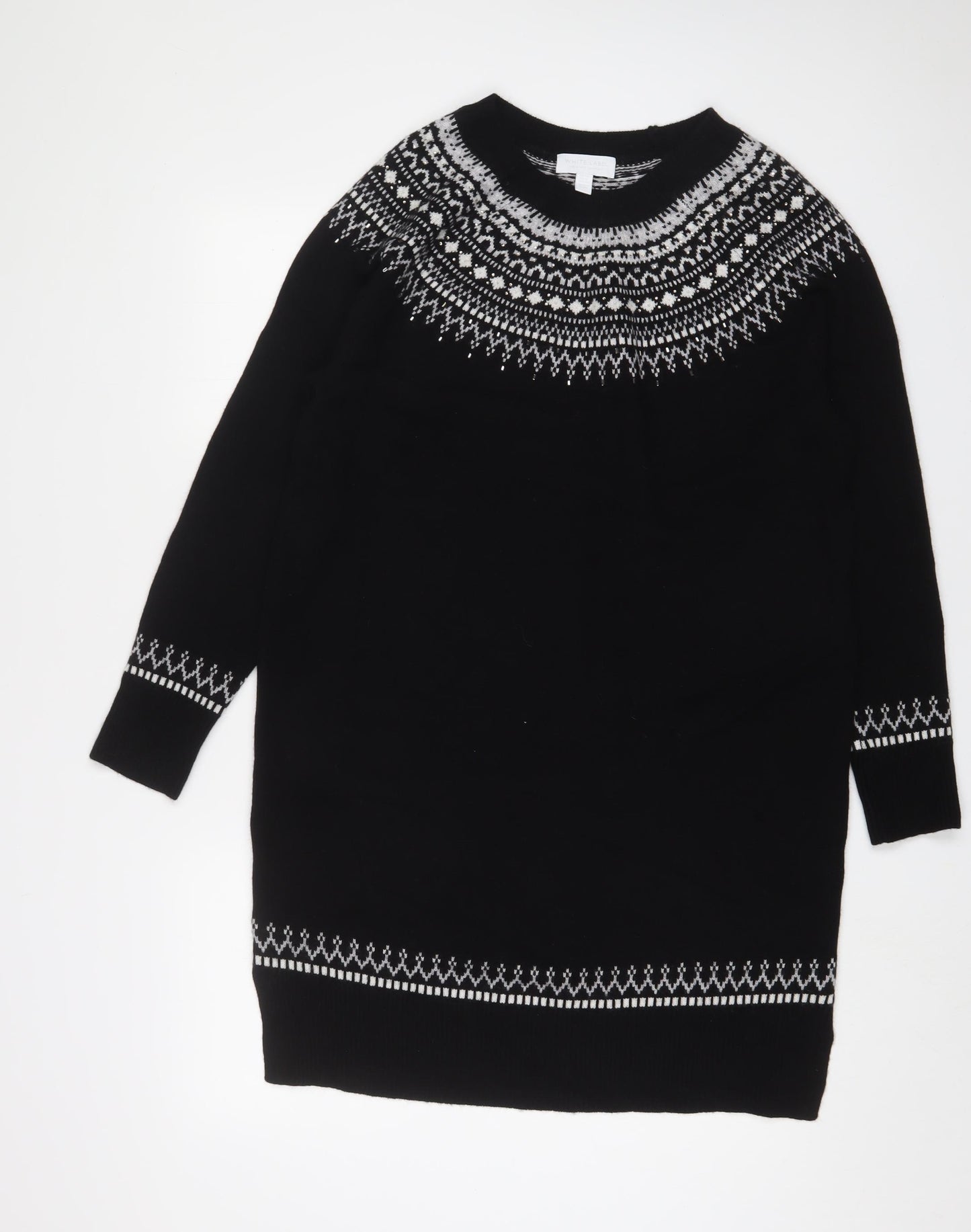 White Label Womens Black Fair Isle Wool Jumper Dress Size 12 Round Neck Pullover - Beaded