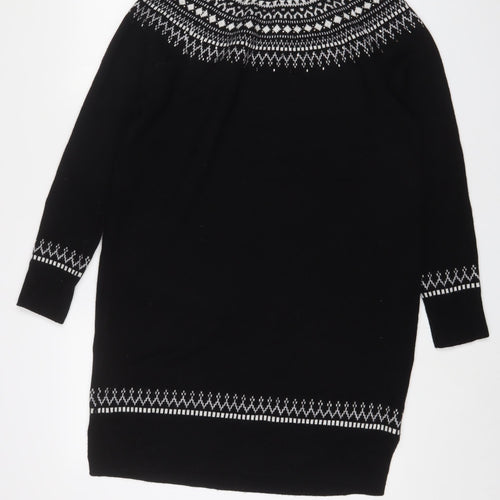 White Label Womens Black Fair Isle Wool Jumper Dress Size 12 Round Neck Pullover - Beaded