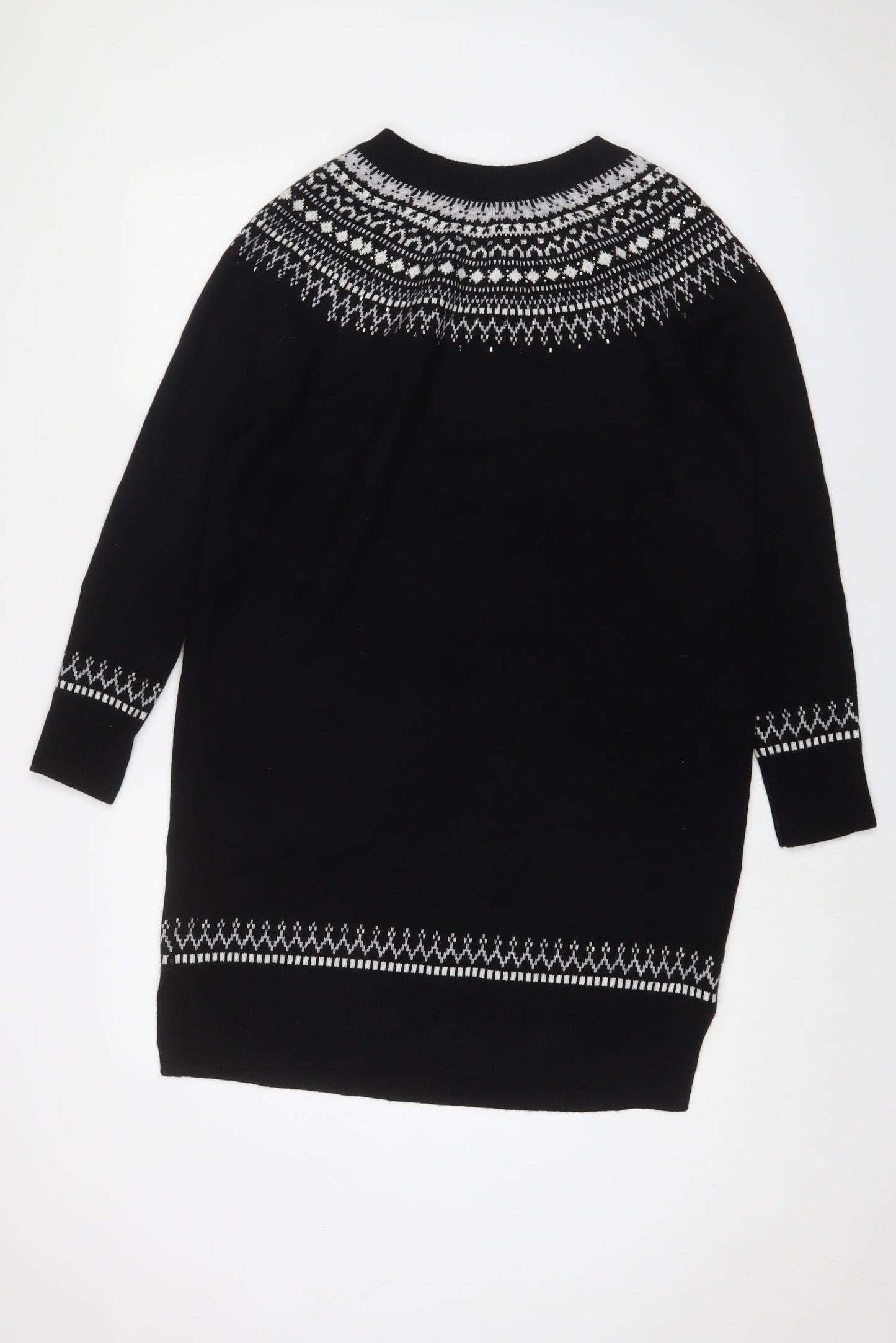 White Label Womens Black Fair Isle Wool Jumper Dress Size 12 Round Neck Pullover - Beaded