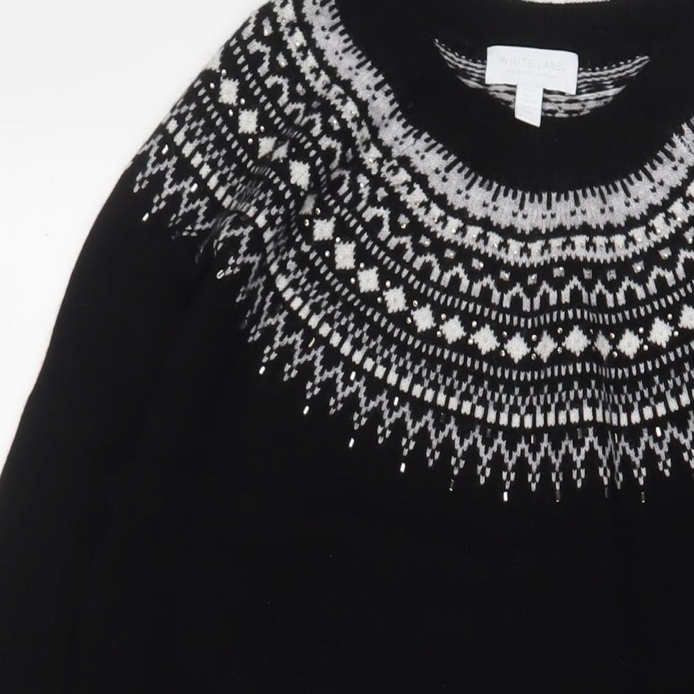 White Label Womens Black Fair Isle Wool Jumper Dress Size 12 Round Neck Pullover - Beaded