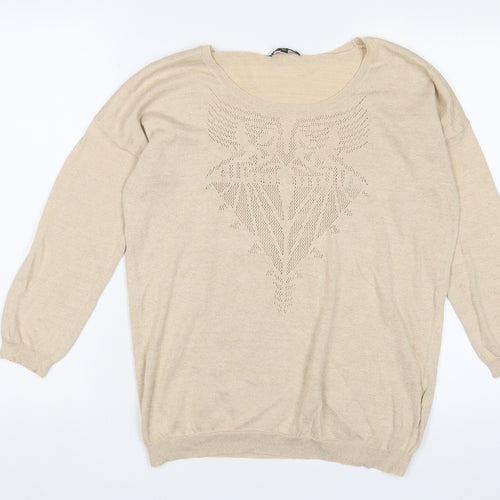 Color Block Womens Gold Crew Neck Cotton Pullover Jumper Size M