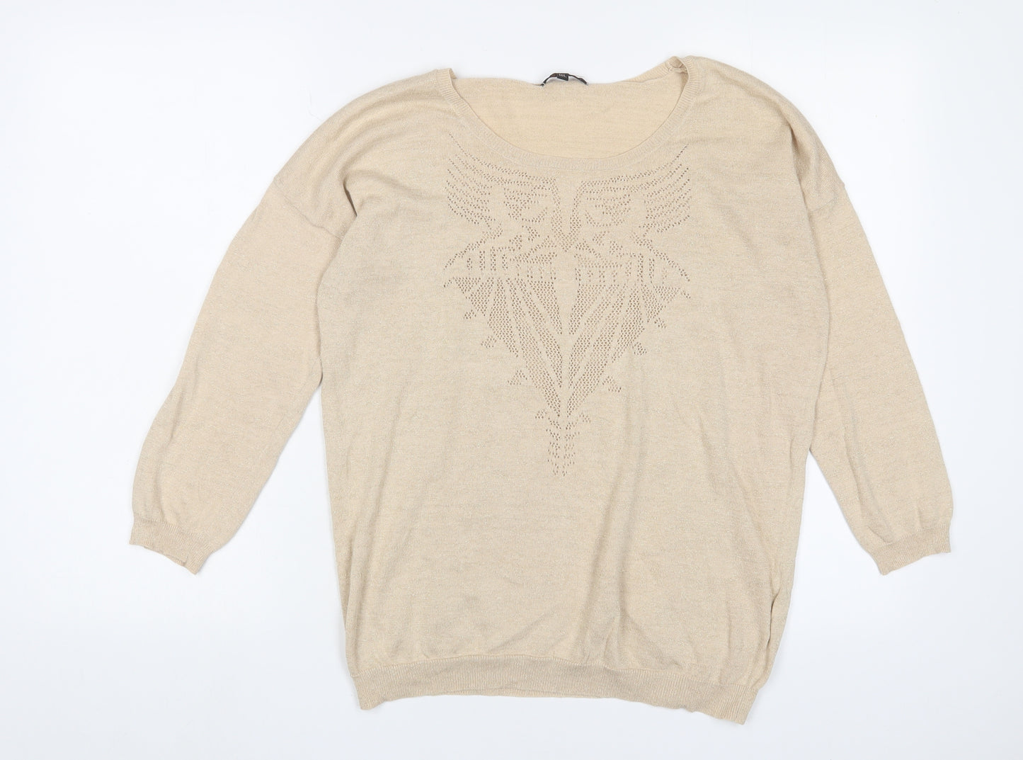 Color Block Womens Gold Crew Neck Cotton Pullover Jumper Size M