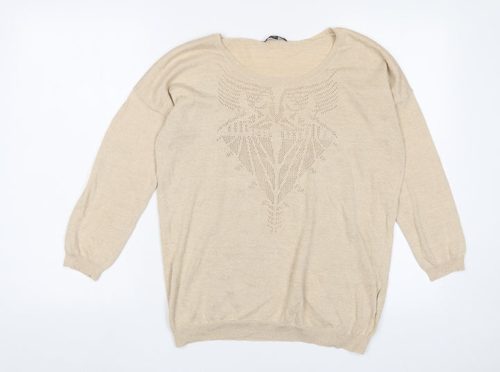 Color Block Womens Gold Crew Neck Cotton Pullover Jumper Size M