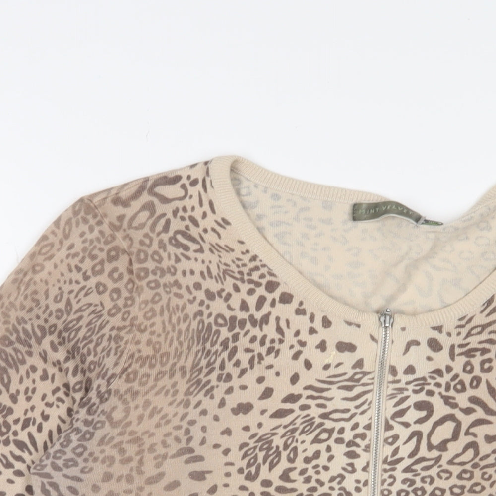 Mint Velvet Womens Brown Crew Neck Animal Print Viscose Cardigan Jumper Size 16 - Zip up