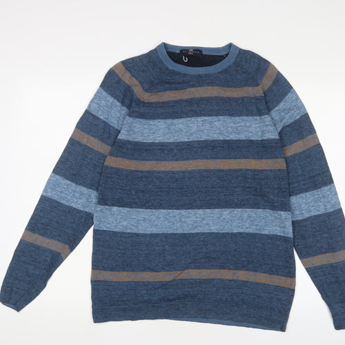 Blue Harbour Mens Blue Crew Neck Striped Cotton Pullover Jumper Size M Long Sleeve