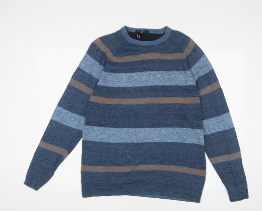 Blue Harbour Mens Blue Crew Neck Striped Cotton Pullover Jumper Size M Long Sleeve