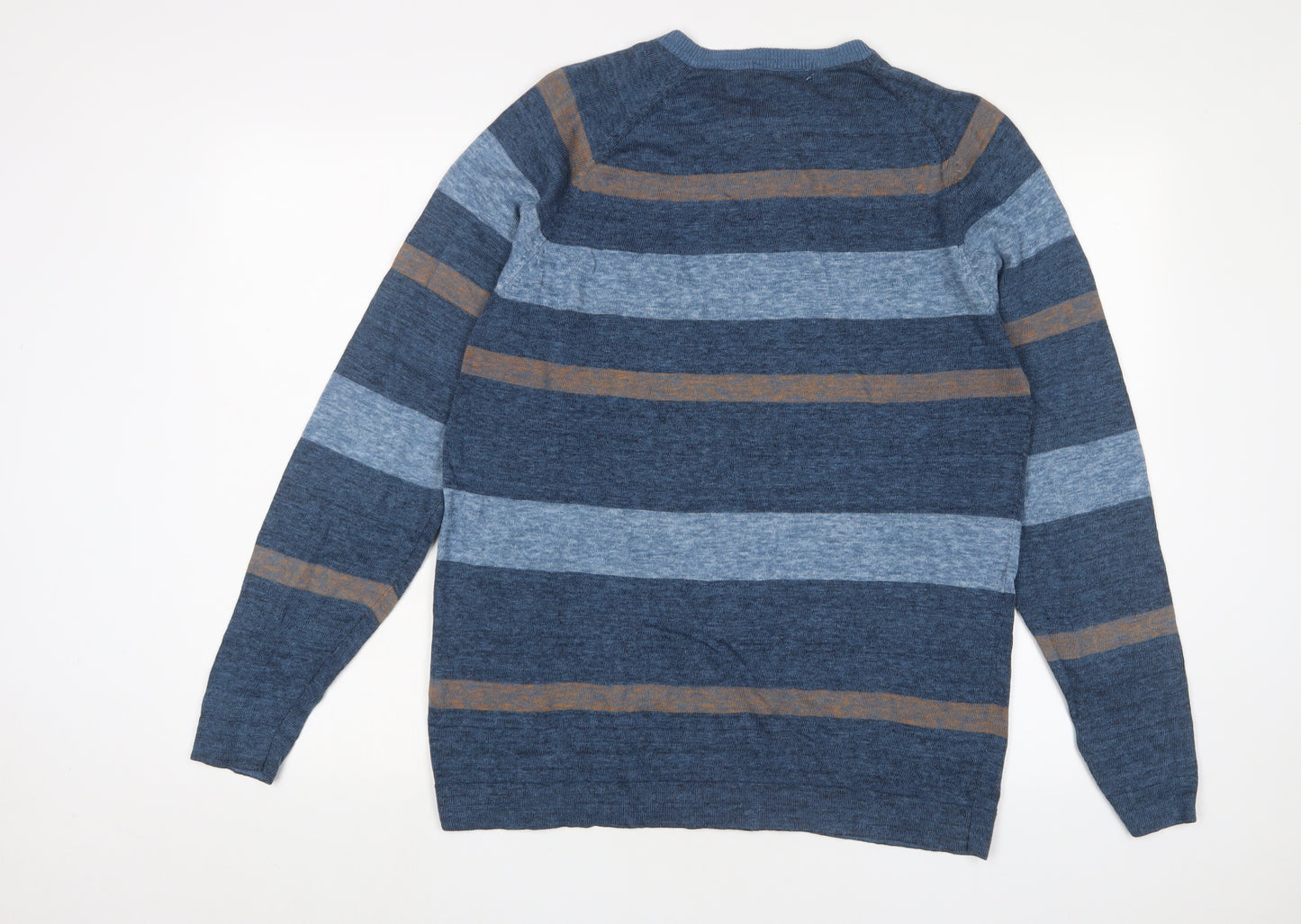 Blue Harbour Mens Blue Crew Neck Striped Cotton Pullover Jumper Size M Long Sleeve