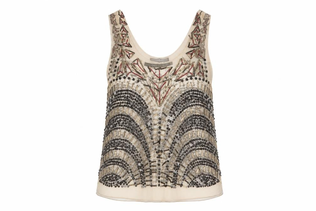 Front view of Sportsgirl women’s beige polyester basic tank, size S, scoop neck - beaded, sequins