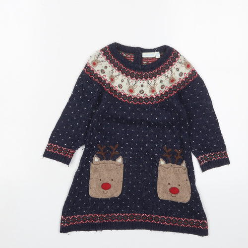 JoJo Maman Bébé Girls Blue Geometric Viscose Jumper Dress Size 2-3 Years Crew Neck Button - Christmas