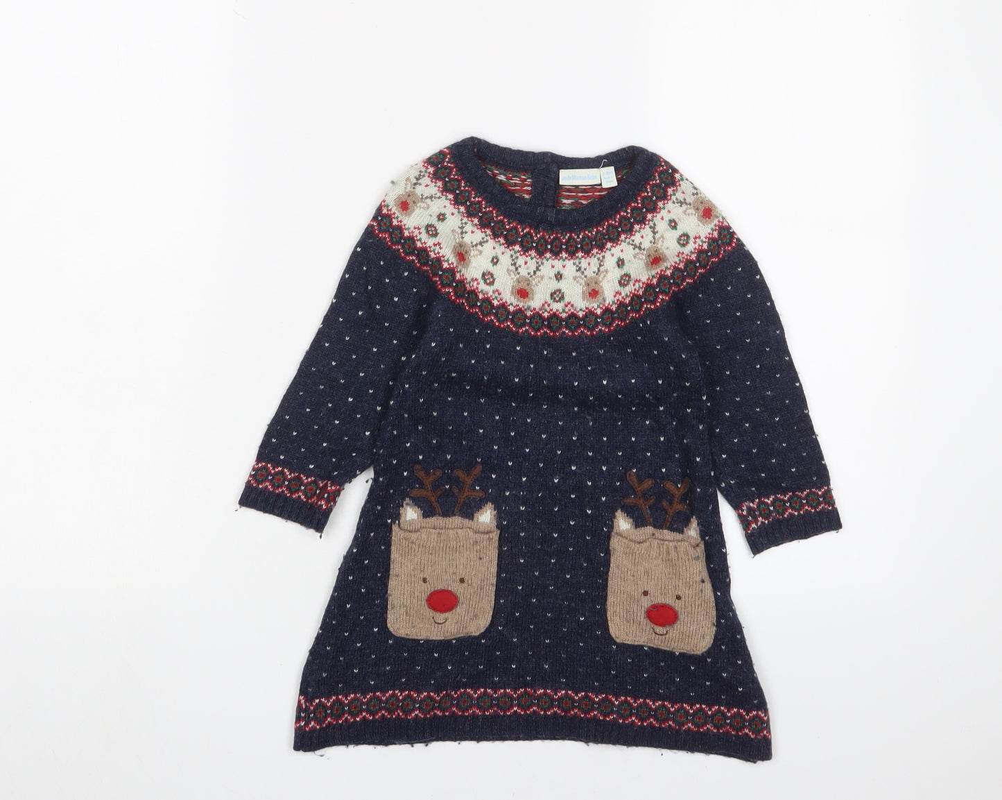JoJo Maman Bébé Girls Blue Geometric Viscose Jumper Dress Size 2-3 Years Crew Neck Button - Christmas