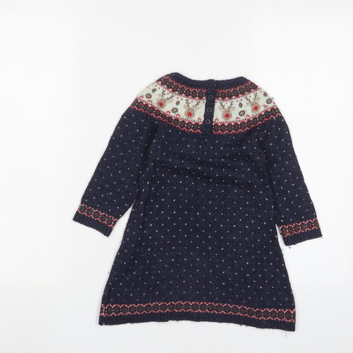 JoJo Maman Bébé Girls Blue Geometric Viscose Jumper Dress Size 2-3 Years Crew Neck Button - Christmas