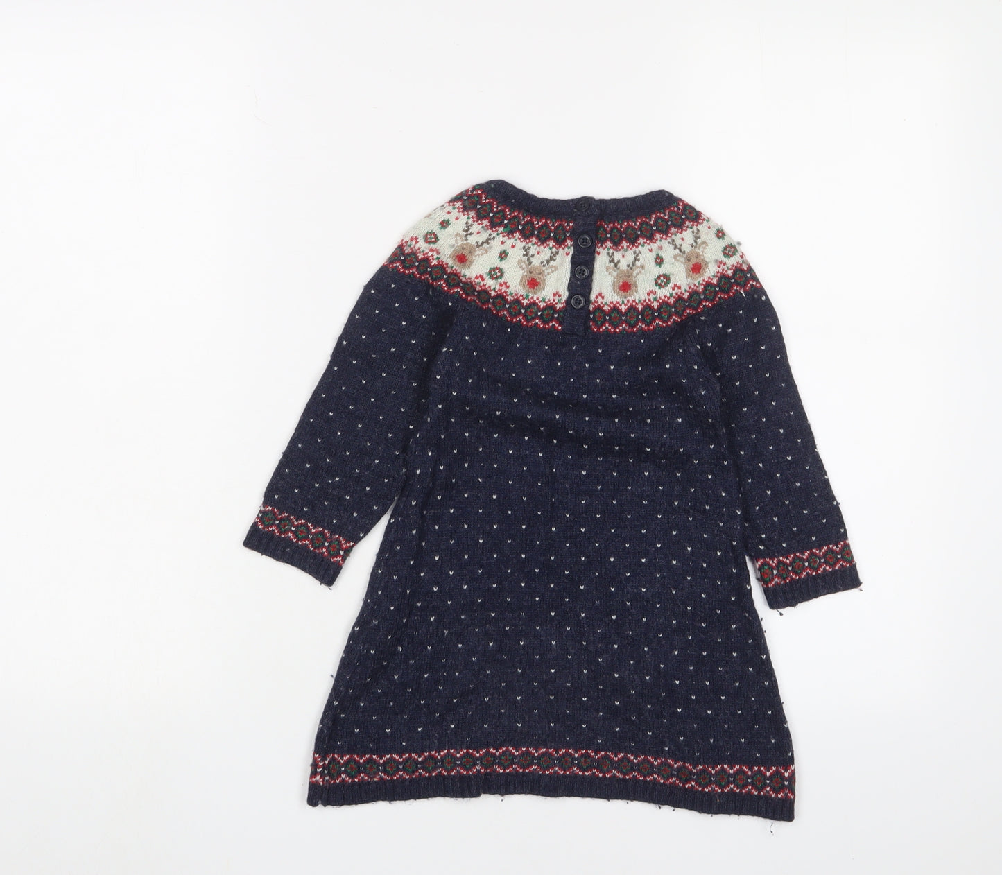 JoJo Maman Bébé Girls Blue Geometric Viscose Jumper Dress Size 2-3 Years Crew Neck Button - Christmas