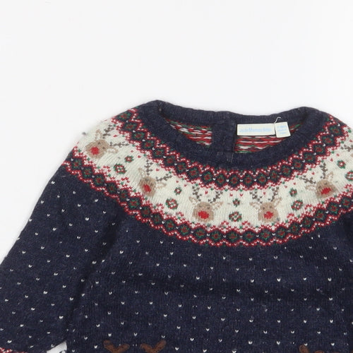 JoJo Maman Bébé Girls Blue Geometric Viscose Jumper Dress Size 2-3 Years Crew Neck Button - Christmas