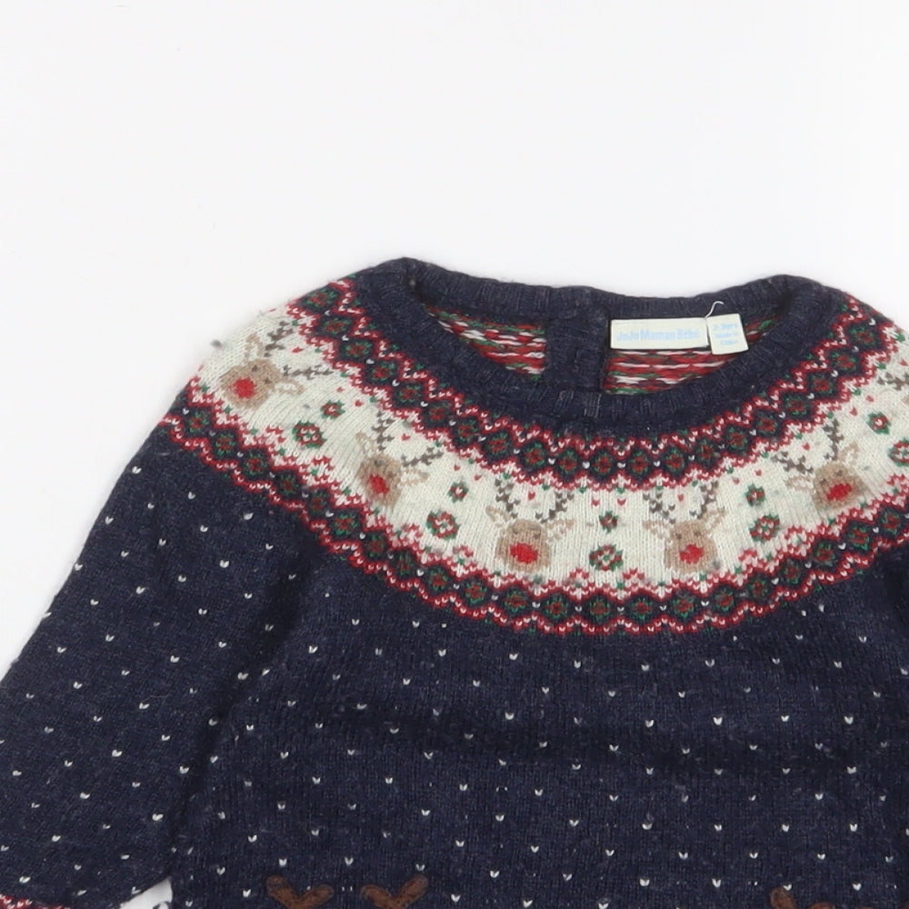 JoJo Maman Bébé Girls Blue Geometric Viscose Jumper Dress Size 2-3 Years Crew Neck Button - Christmas