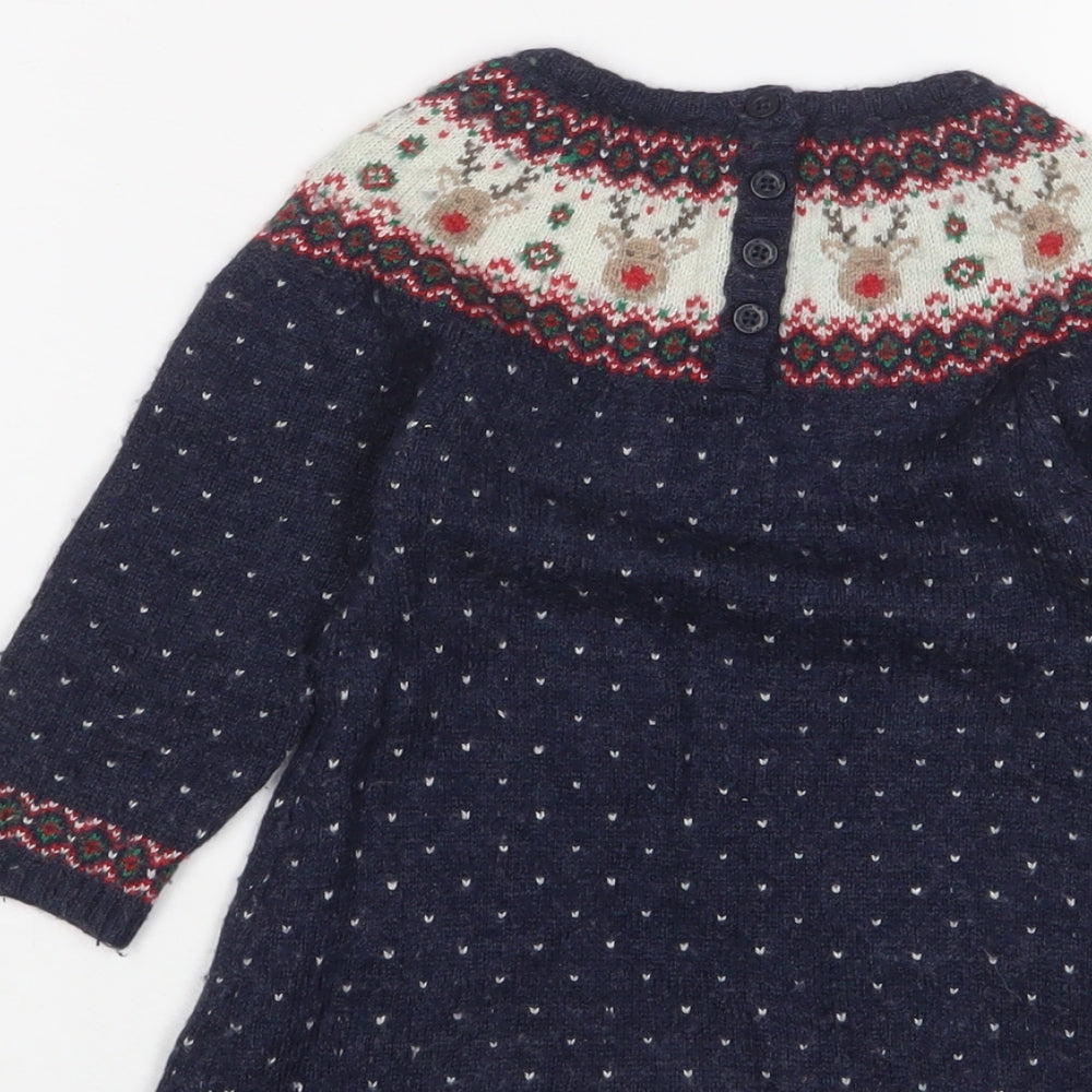 JoJo Maman Bébé Girls Blue Geometric Viscose Jumper Dress Size 2-3 Years Crew Neck Button - Christmas