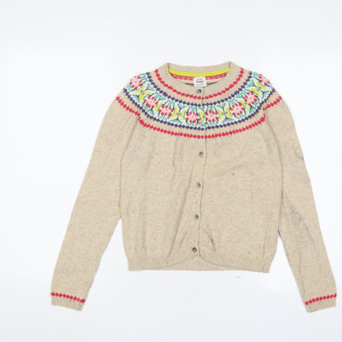 Mini Boden Girls Brown Crew Neck Fair Isle Cotton Cardigan Jumper Size 11-12 Years Button - Embroidered