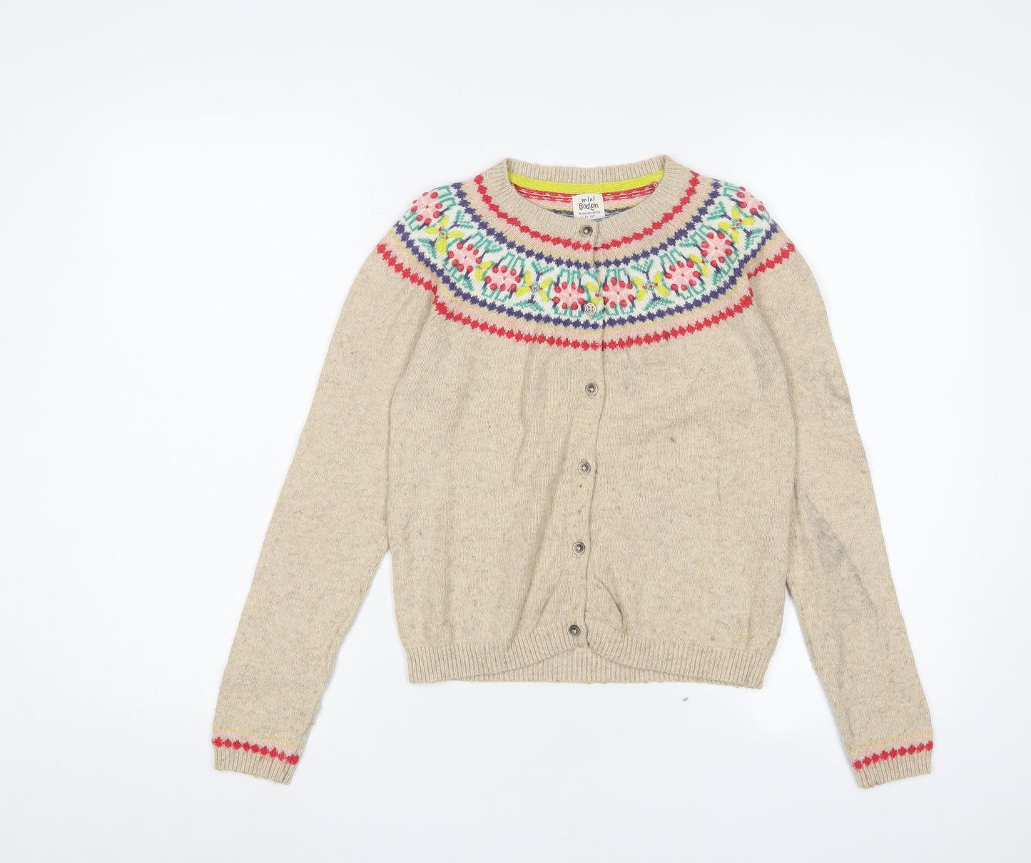 Mini Boden Girls Brown Crew Neck Fair Isle Cotton Cardigan Jumper Size 11-12 Years Button - Embroidered