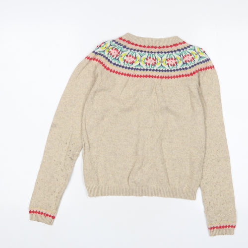 Mini Boden Girls Brown Crew Neck Fair Isle Cotton Cardigan Jumper Size 11-12 Years Button - Embroidered