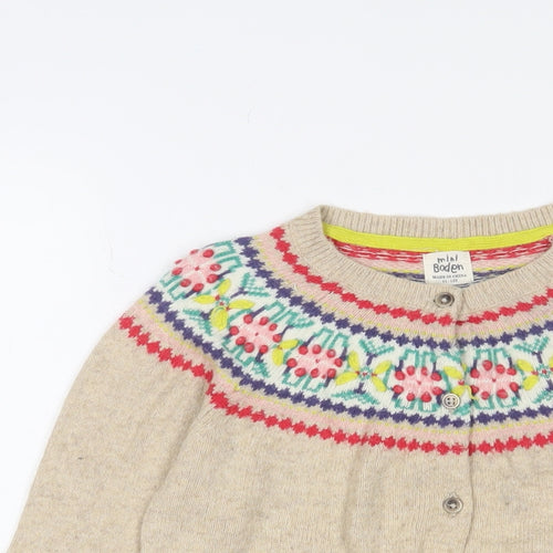 Mini Boden Girls Brown Crew Neck Fair Isle Cotton Cardigan Jumper Size 11-12 Years Button - Embroidered