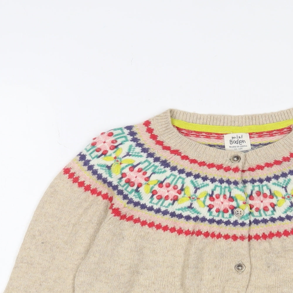 Mini Boden Girls Brown Crew Neck Fair Isle Cotton Cardigan Jumper Size 11-12 Years Button - Embroidered