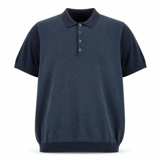 Front view of Wolsey men’s blue geometric cotton polo, size XL, collared button