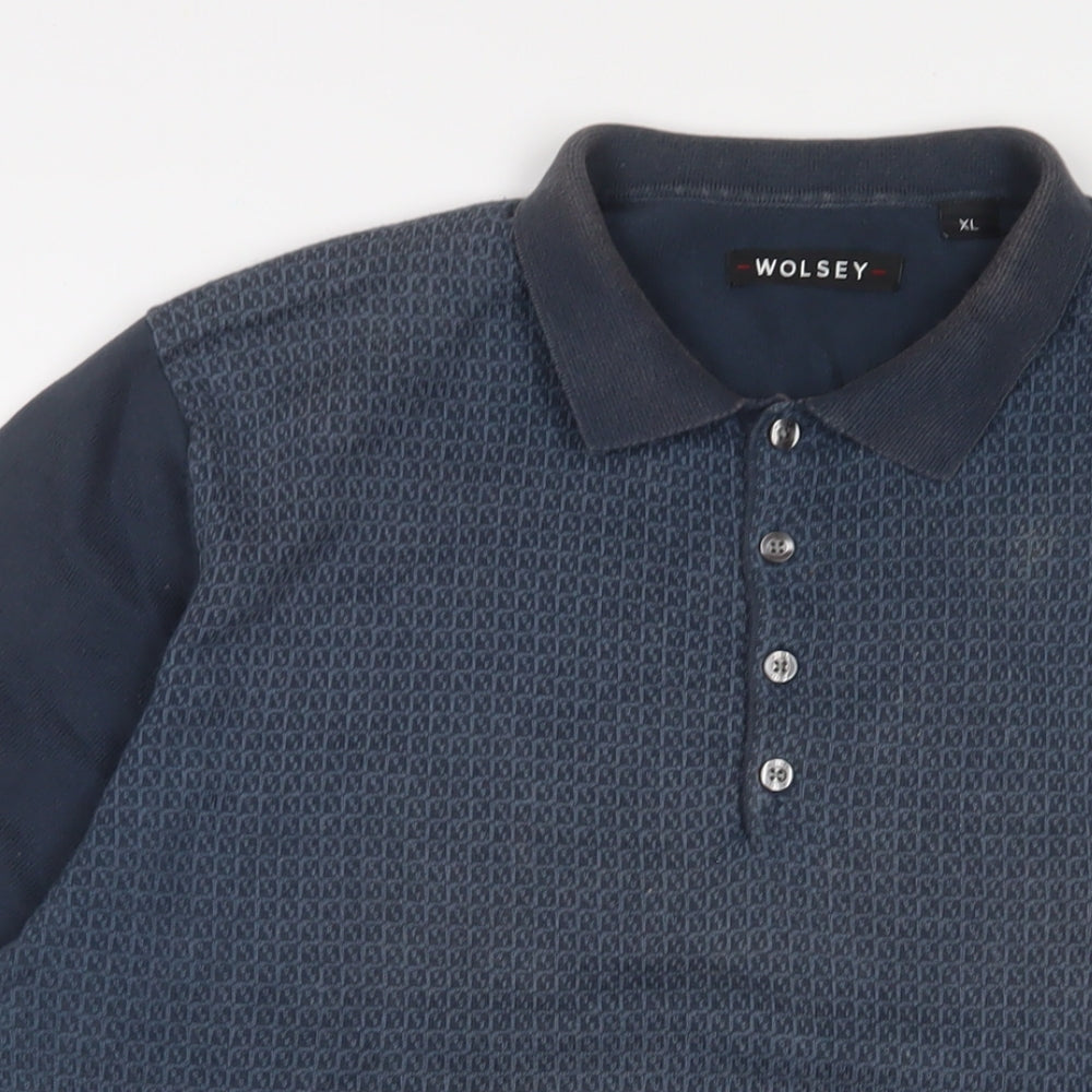 Wolsey Mens Blue Geometric Cotton Polo Size XL Collared Button