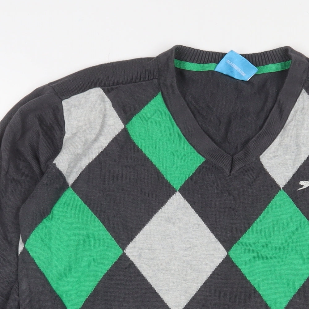 Slazenger Mens Grey V-Neck Argyle/Diamond Cotton Pullover Jumper Size M Long Sleeve - Golf