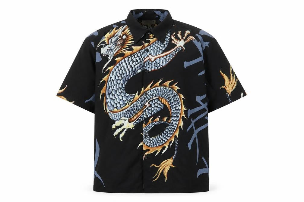 Front view of Ninety men’s black geometric polyester button-up, size M, collared button