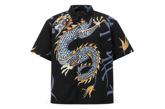 Front view of Ninety men’s black geometric polyester button-up, size M, collared button