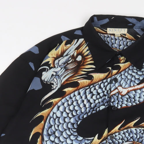 Ninety Mens Black Geometric Polyester Button-Up Size M Collared Button