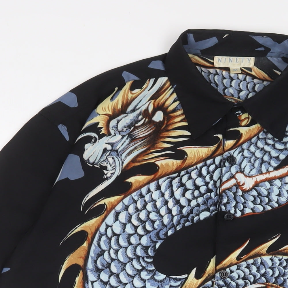 Ninety Mens Black Geometric Polyester Button-Up Size M Collared Button