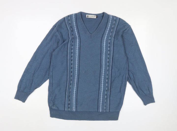 Hearts & Bows Womens Blue V-Neck Cotton Pullover Jumper Size M