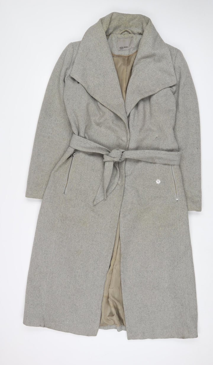 VERO MODA Womens Grey Overcoat Coat Size L Zip - Belted