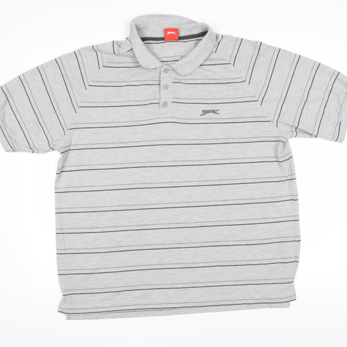 Slazenger Mens Grey Striped Polyester Polo Size 2XL Collared Button