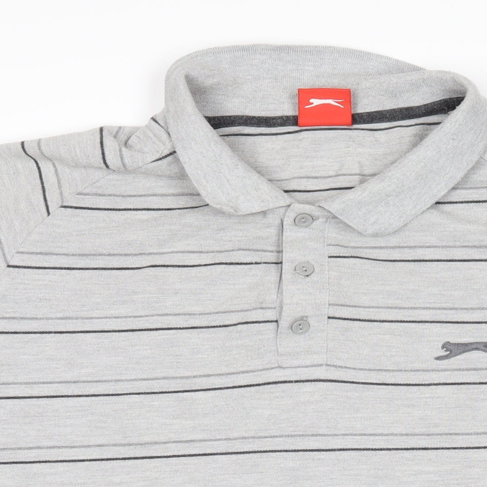 Slazenger Mens Grey Striped Polyester Polo Size 2XL Collared Button