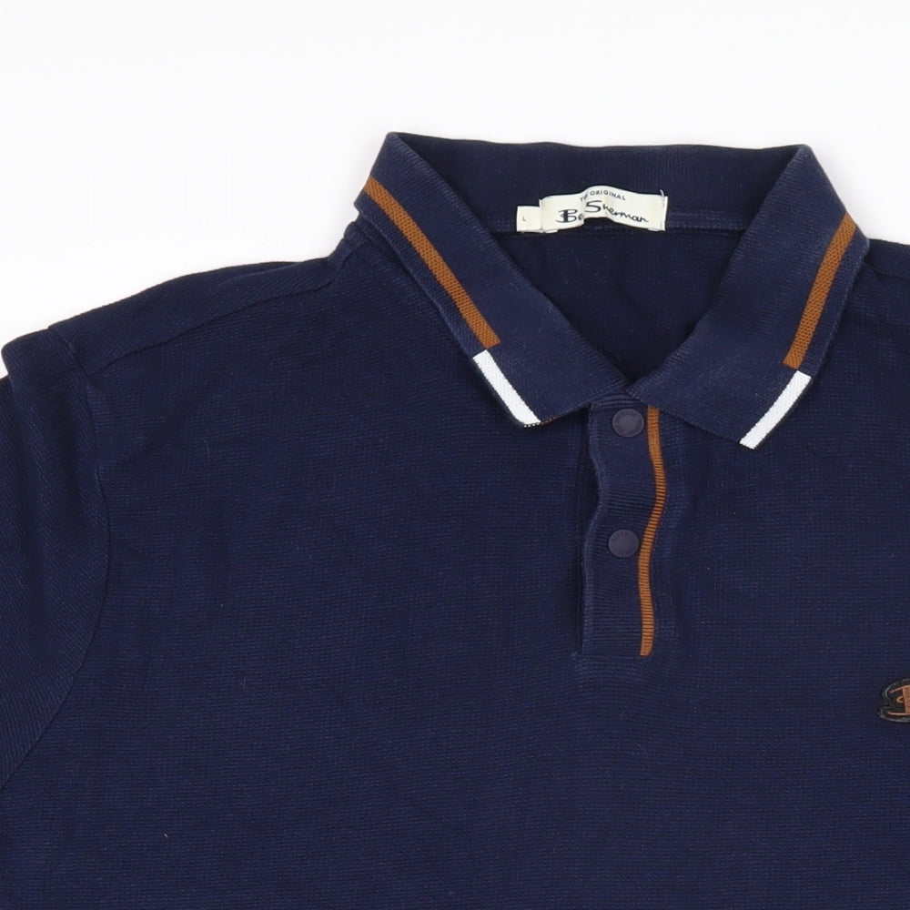 Ben Sherman Mens Blue 100% Cotton Polo Size L Collared Snap