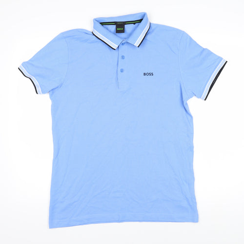 Boss Mens Blue 100% Cotton Polo Size L Collared Button