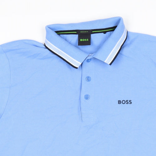 Boss Mens Blue 100% Cotton Polo Size L Collared Button