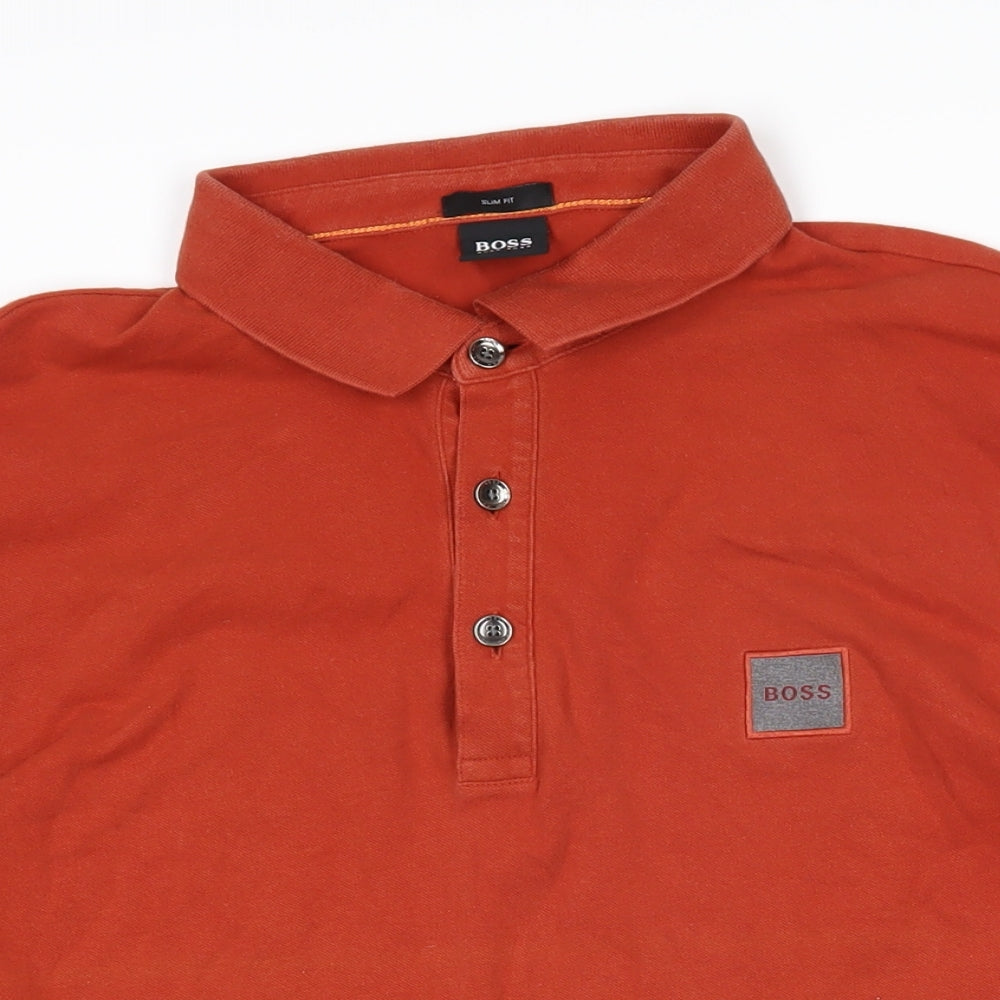 Boss Mens Brown 100% Cotton Polo Size L Collared Button