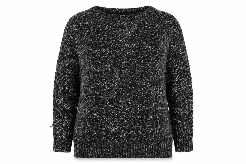 Front view of Sparkle & Fade women’s black boat neck herringbone acrylic jumper, size M