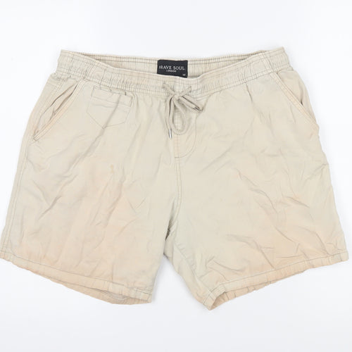 Brave Soul Mens Beige Cotton Bermuda Shorts Size L Regular Drawstring - Elasticated waist
